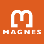 Red-orange box with M and Magnes logo in white
