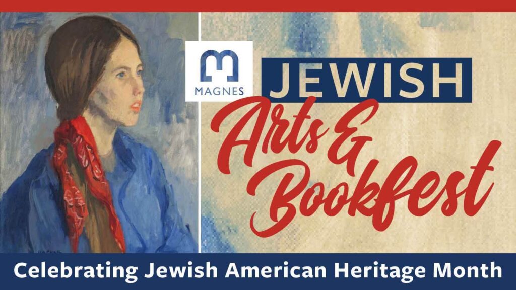 Jewish Arts & Bookfest with painting of woman in blue shirt