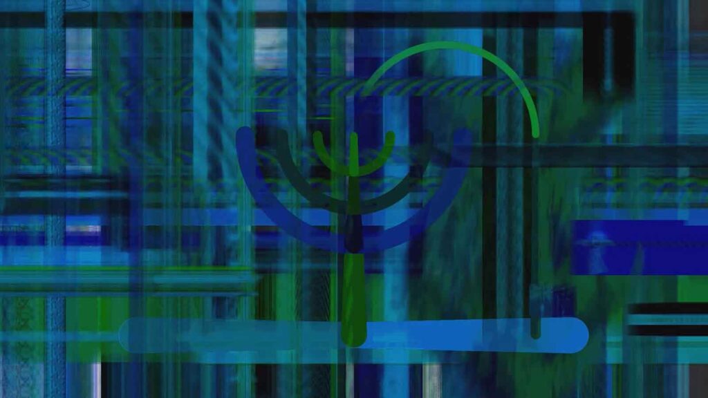 digital drawing of a grid and a blue and green menorah