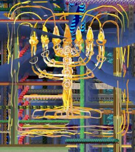 digital drawing of a multi color grid and gold menorah